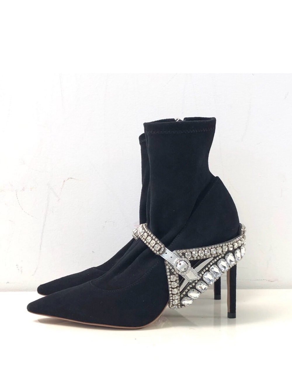 SOPHIA WEBSTER BLACK STRETCH ANKLE BOOTS W/ CRYSTAL EMBELLISHMENTS